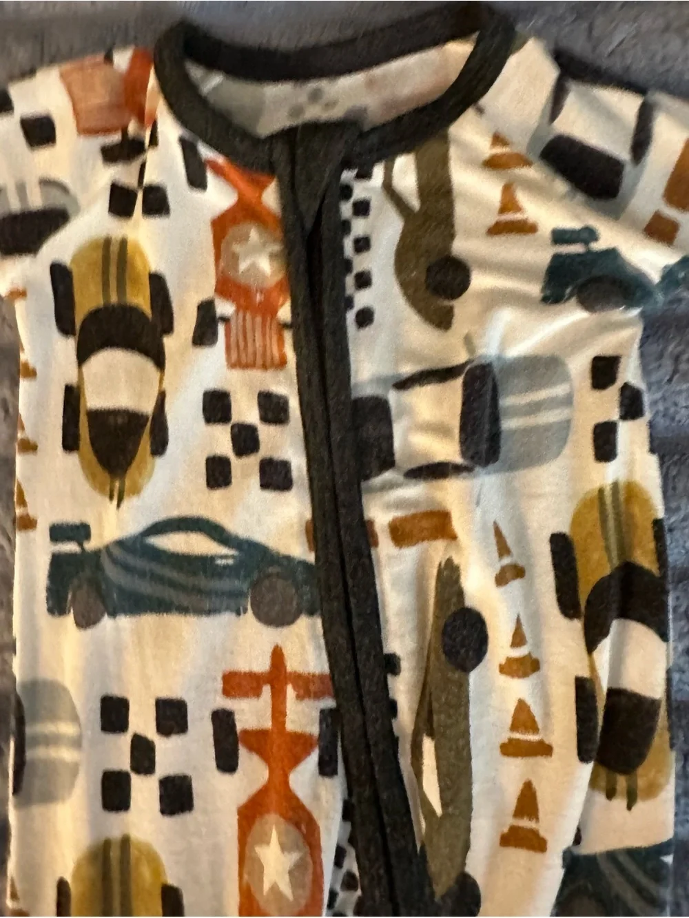 Little Sleepies Cream Race Car Print Footed Pajamas with Gray Trim